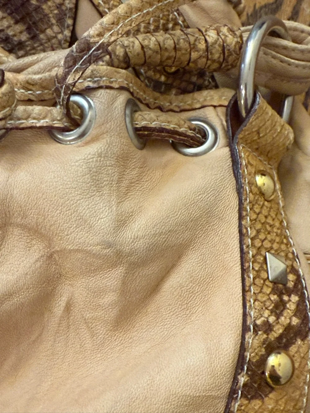 Y2K Tan Leather Python Trim Hobo Bag Mania Italy Silver Ring Gold Stud Boho